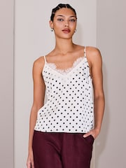 Ecru/Black Polka Dot Satin Lace Cami Top - Image 1 of 8