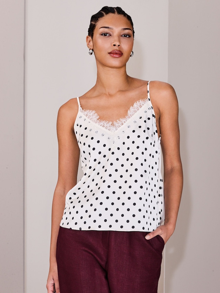 Ecru/Black Polka Dot Satin Lace Cami Top - Image 1 of 8 Ecru/Black Polka Dot Satin Lace Cami Top - Image 1 of 8