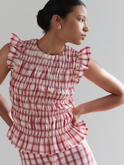 Pink/Cream Gingham Smocked Flutter Sleeve Top - Image 1 of 4