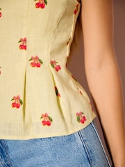 Yellow Cherry Print Structured Peplum Top with Linen - Image 5 of 8