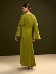 أخضر ليموني - فستان ماكسي ستان بكُم طويل وبتصميم ملتف من الأمام - Image 2 of 4