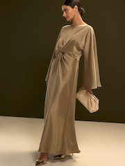 Champagne Gold Twist Front Long Sleeve Satin Maxi Dress - Image 2 of 5