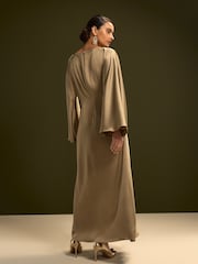Champagne Gold Twist Front Long Sleeve Satin Maxi Dress - Image 3 of 5