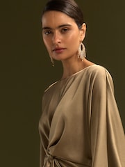 Champagne Gold Twist Front Long Sleeve Satin Maxi Dress - Image 4 of 5
