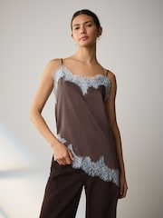 Brown/Blue Asymmetric Hem Lace Cami Top - Image 1 of 5