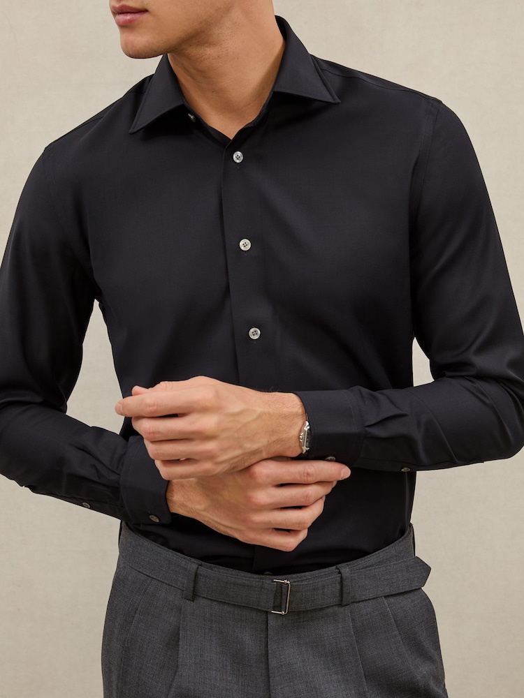 Reiss Navy Spy Atelier Wool Regular-Fit Shirt - Image 1 of 8 Reiss Navy Spy Atelier Wool Regular-Fit Shirt - Image 1 of 8