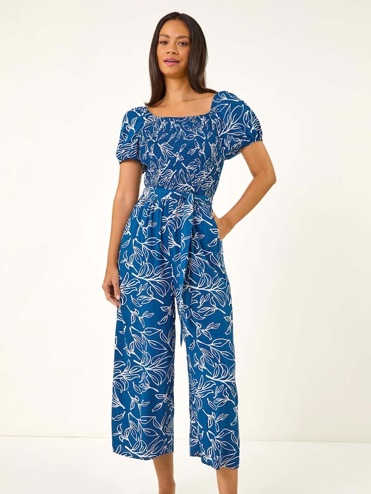 Roman Blue Leaf Print Wide Leg Jumpsuit - Image 2 of 5