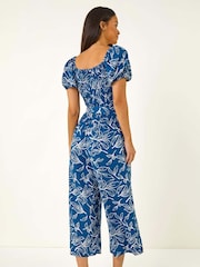 Roman Blue Leaf Print Wide Leg Jumpsuit - Image 3 of 5