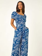 Roman Blue Leaf Print Wide Leg Jumpsuit - Image 4 of 5
