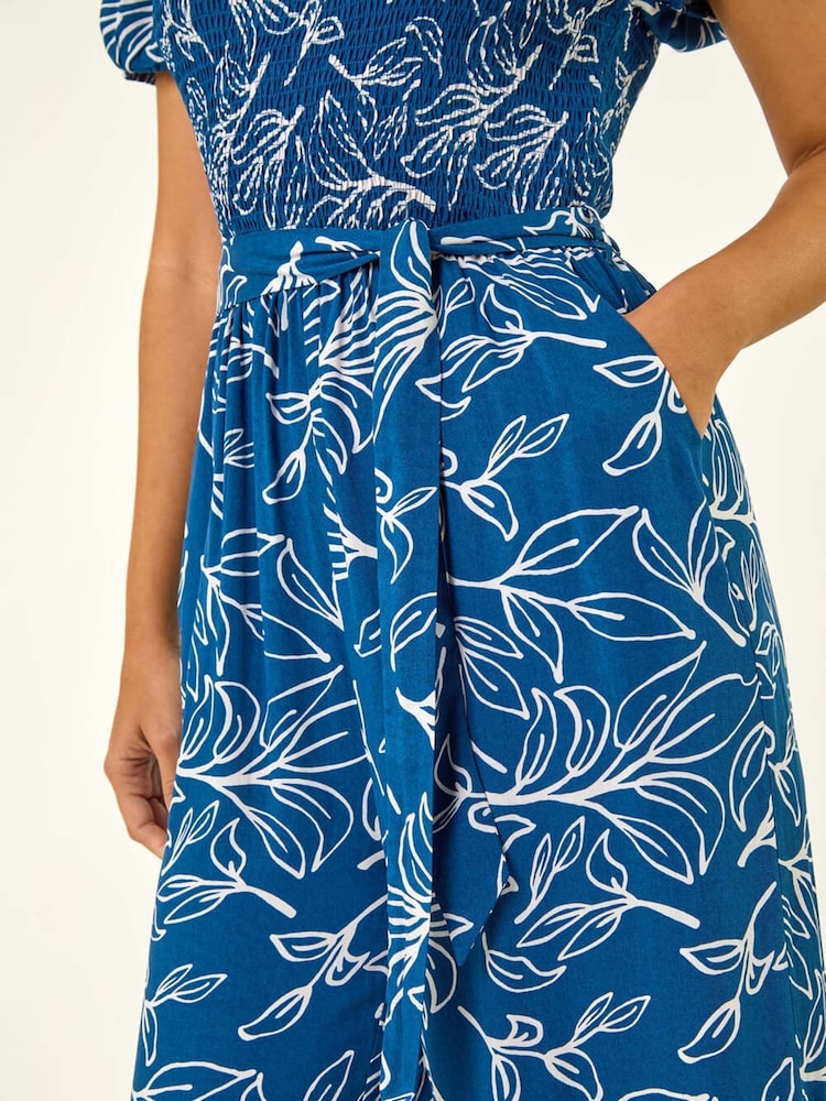 Roman Blue Leaf Print Wide Leg Jumpsuit - Image 5 of 5