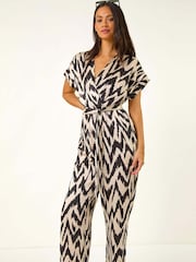 Roman Black Zig Zag Wrap Front Jumpsuit - Image 1 of 5