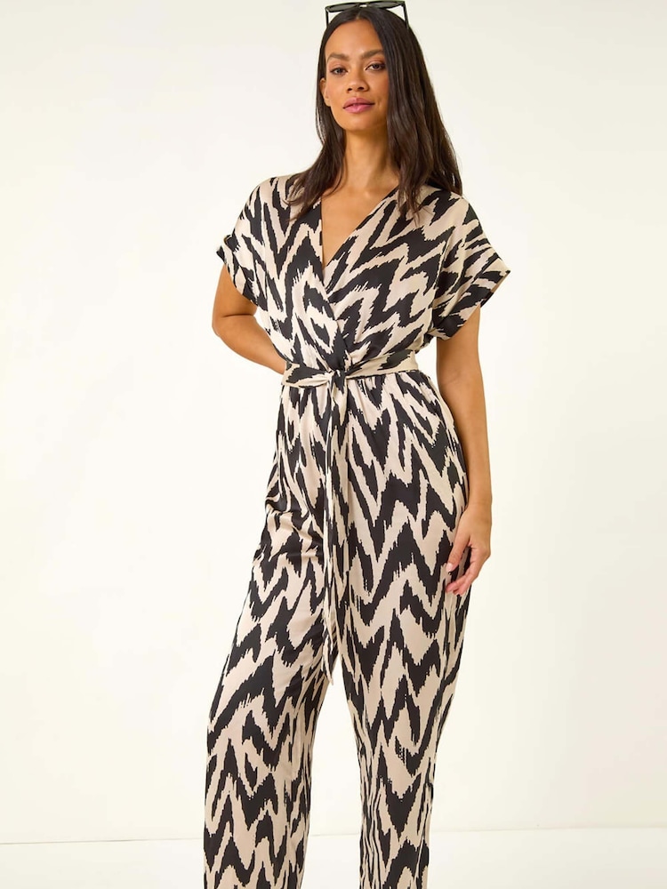 Roman Black Zig Zag Wrap Front Jumpsuit - Image 1 of 5