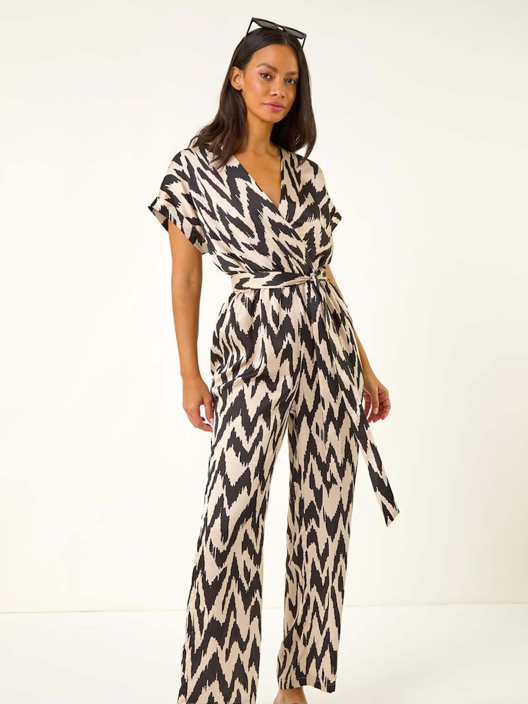 Roman Black Zig Zag Wrap Front Jumpsuit - Image 2 of 5