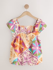 Green/ White/ Geo Print Flutter Sleeve Button Front Top with Linen 3 Pack - Image 4 of 10