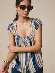 Two Pack Multi Stripe/Chocolate Brown Flutter Sleeve Button Front Top - Image 5 of 9