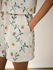Ecru Cross Stitch Floral Mini Shorts - Image 5 of 8
