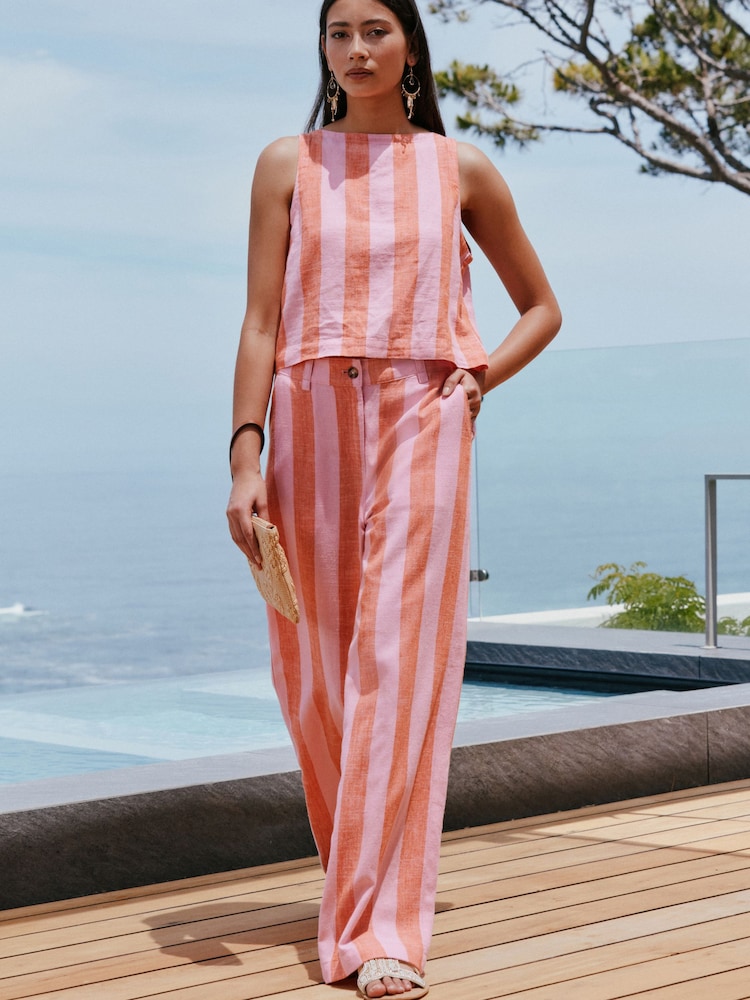 Pink/Orange Stripe Smart Front Linen Blend Wide Leg Trousers - Image 1 of 8 Pink/Orange Stripe Smart Front Linen Blend Wide Leg Trousers - Image 1 of 8