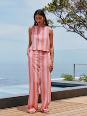 Pink/Orange Stripe Smart Front Linen Blend Wide Leg Trousers - Image 2 of 8