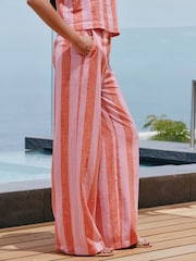 Pink/Orange Stripe Smart Front Linen Blend Wide Leg Trousers - Image 3 of 8