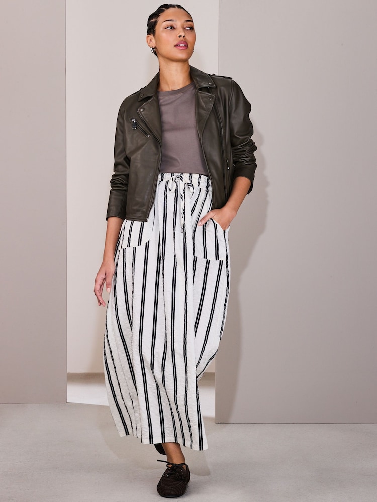 Ecru/Navy Stripe Crinkle Textured Midi Skirt - Image 1 of 7