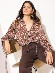 Friends Like These Brown Animal Print Long Sleeve Chiffon Tie Neck Blouse - Image 1 of 4