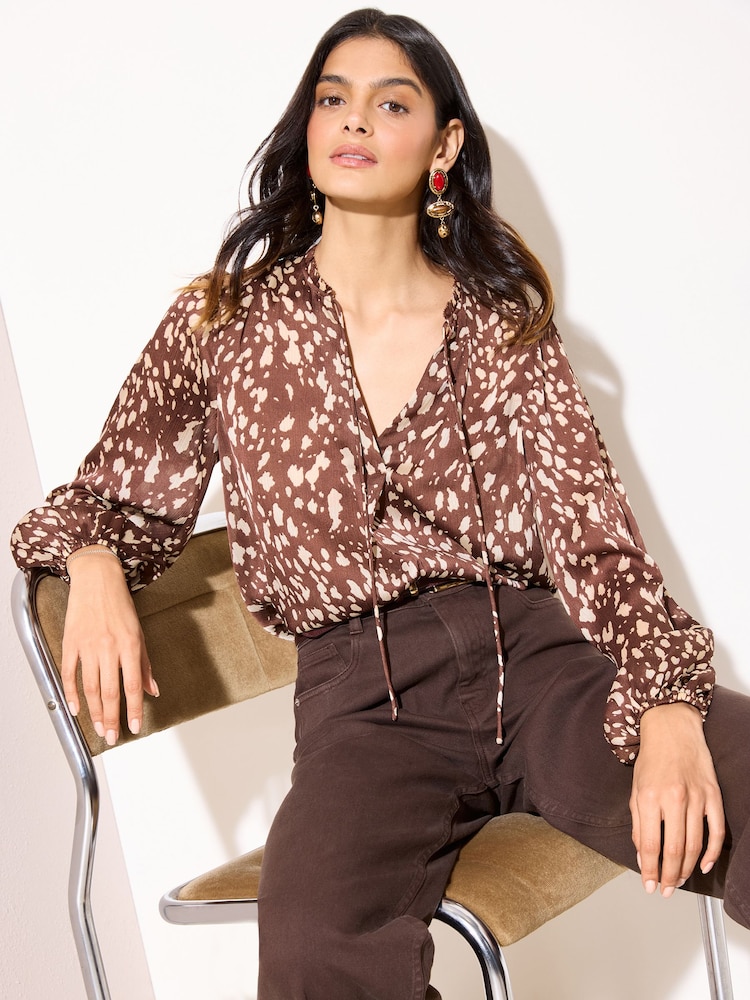 Friends Like These Brown Animal Print Long Sleeve Chiffon Tie Neck Blouse - Image 1 of 4