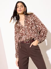 Friends Like These Brown Animal Print Long Sleeve Chiffon Tie Neck Blouse - Image 3 of 4
