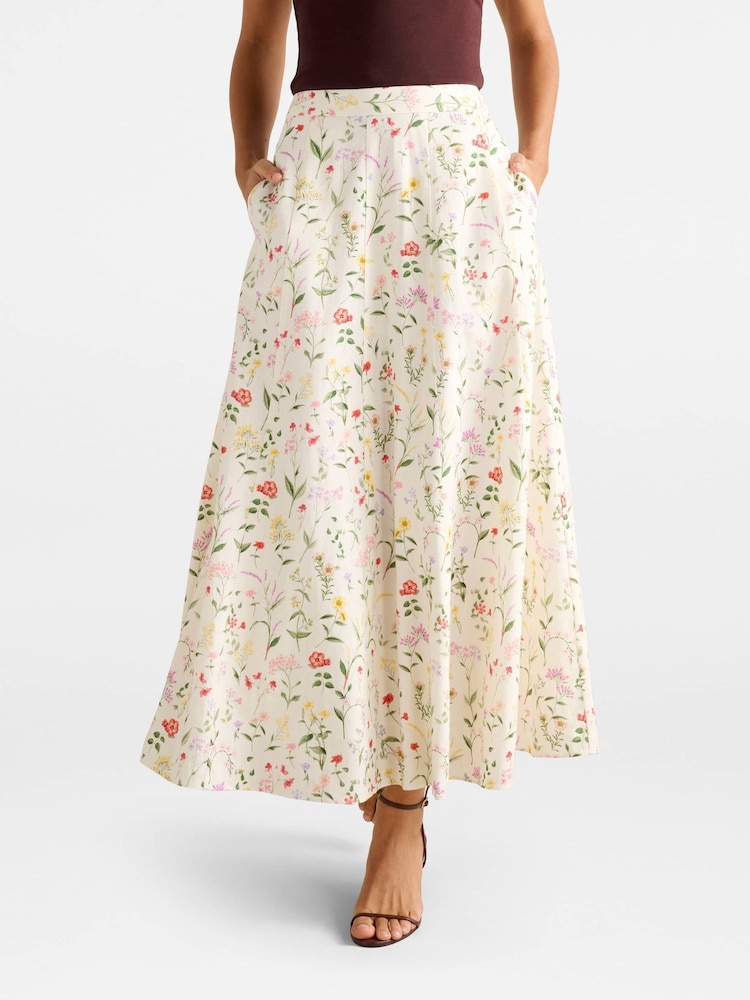 Forever New Cream Louisa Contains Linen Godet Skirt - Image 1 of 5