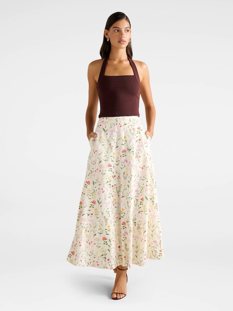 Forever New Cream Louisa Contains Linen Godet Skirt - Image 5 of 5