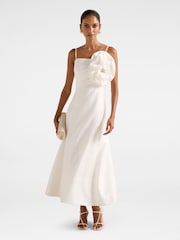 Forever New White Felicia Petite Flower Midi Dress Contains Linen - Image 1 of 4
