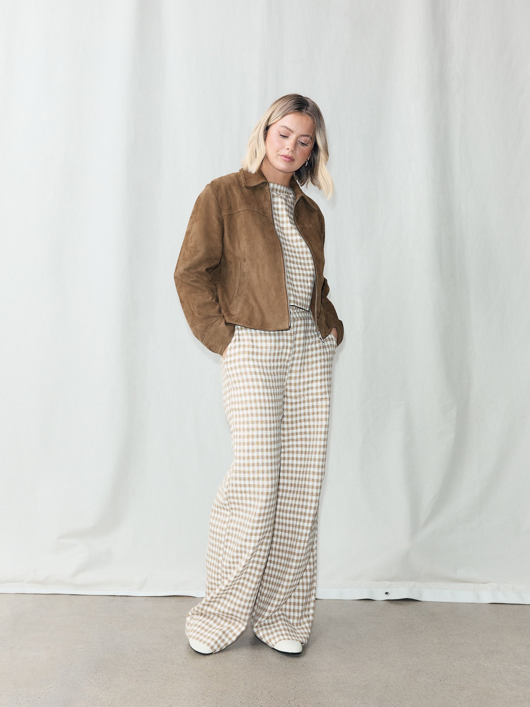 Buy Brown/Ecru Gingham Linen Blend Button Shell Top from the Next