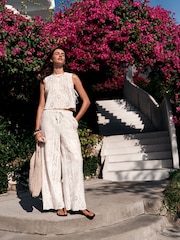 أبيض - Lace Embroidered Wide Leg Trousers - Image 1 of 4