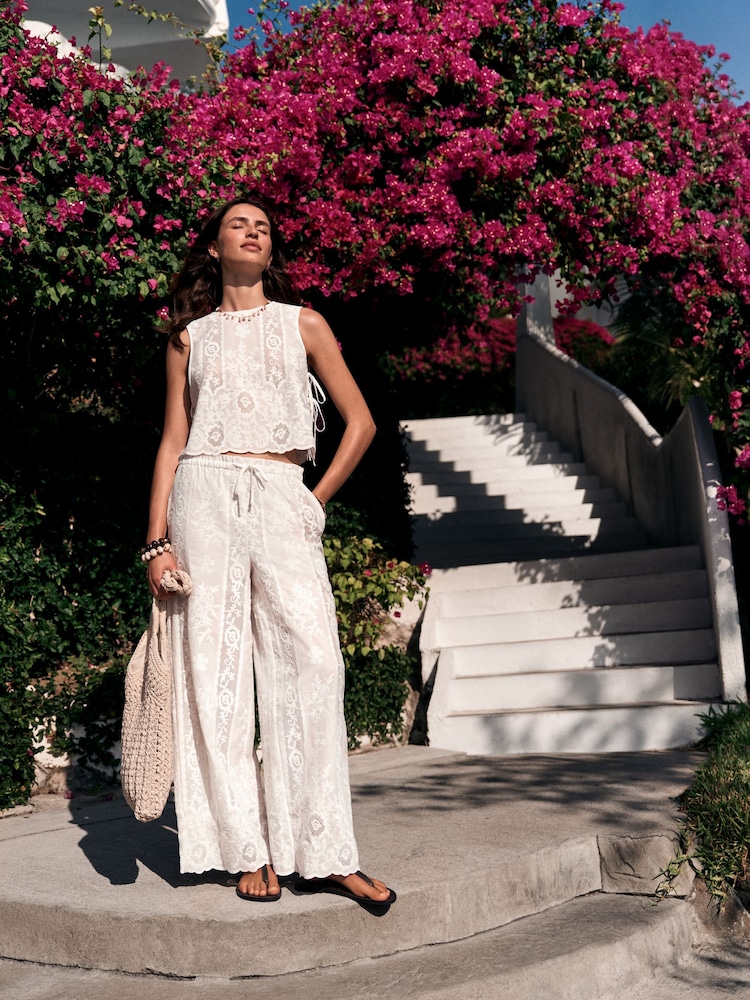 أبيض - Lace Embroidered Wide Leg Trousers - Image 1 of 4