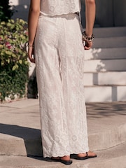 أبيض - Lace Embroidered Wide Leg Trousers - Image 3 of 4