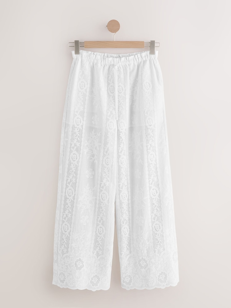 أبيض - Lace Embroidered Wide Leg Trousers - Image 4 of 4