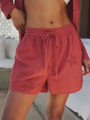 Coral Pink Broderie Cut Out Mini Shorts - Image 2 of 8