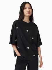 AllSaints Black Amelie Embroidery T-Shirt - Image 2 of 7