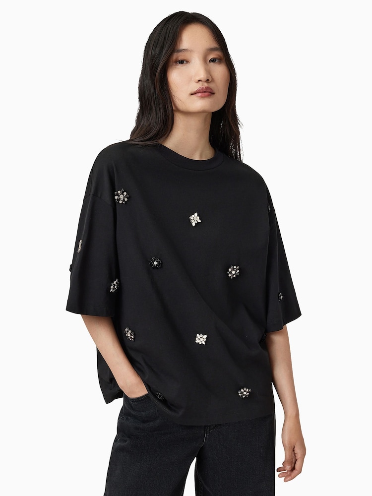 AllSaints Black Amelie Embroidery T-Shirt - Image 2 of 7