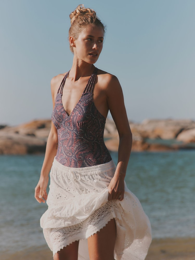 FatFace Purple Paisley Hope Macrame Swimsuit - Image 1 of 7