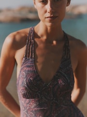 FatFace Purple Paisley Hope Macrame Swimsuit - Image 3 of 7