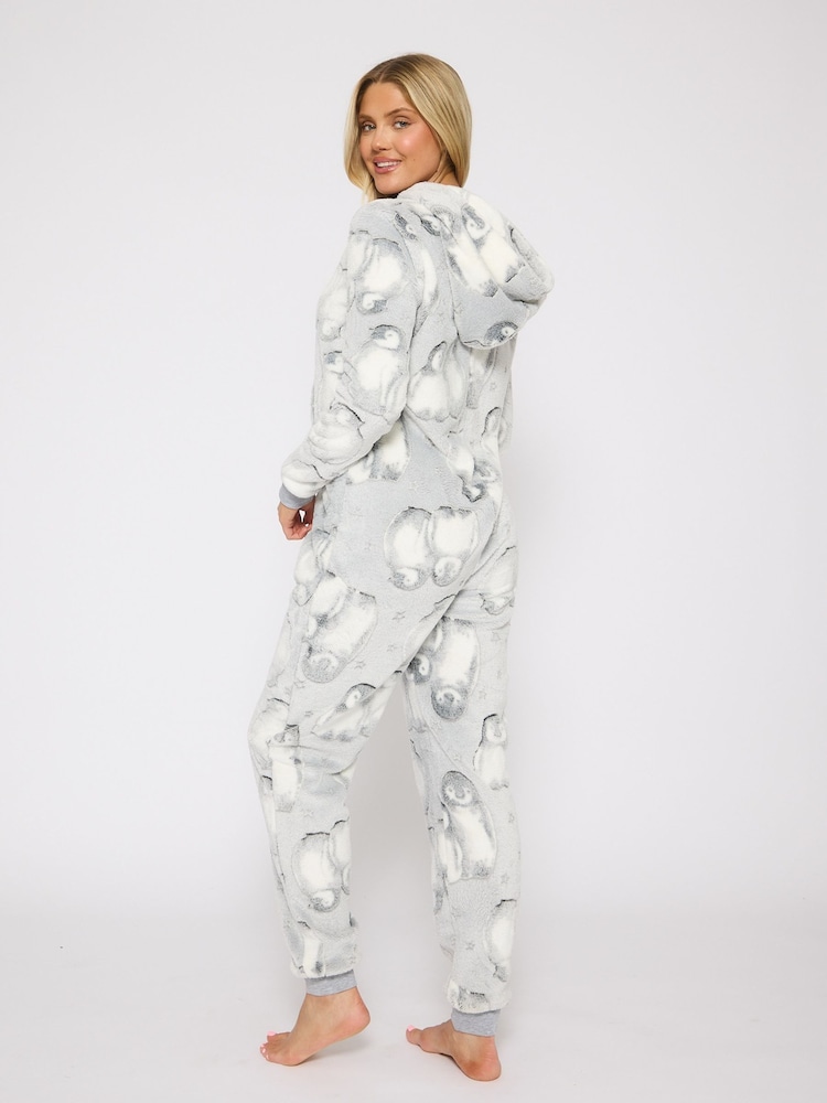Loungeable Grey Penguin Luxury Fleece All in one - Image 2 of 6 Loungeable Grey Penguin Luxury Fleece All in one - Image 2 of 6