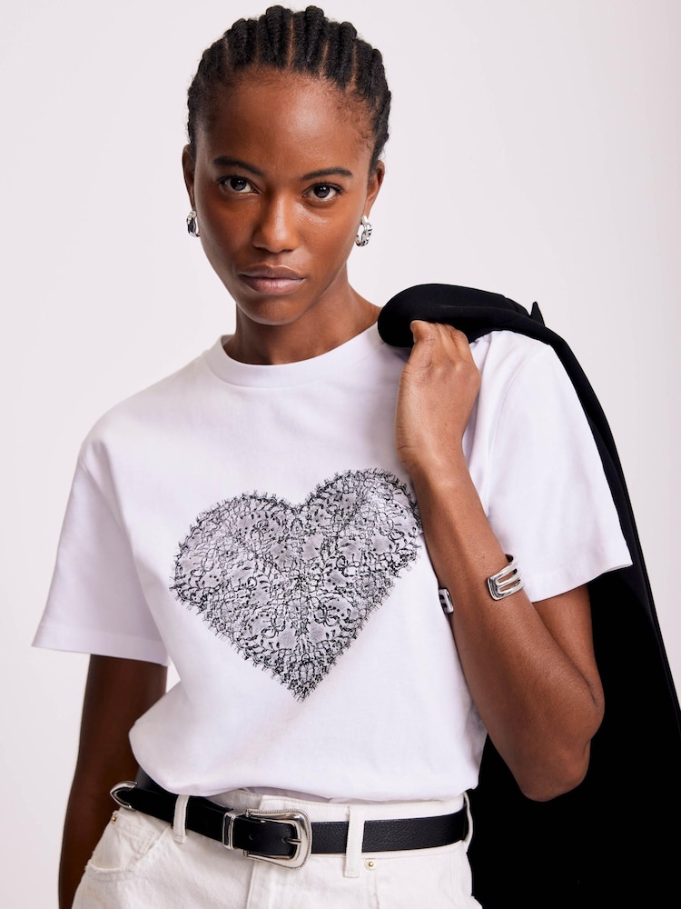 Mint Velvet White Lace Heart Graphic Print T-Shirt - Image 1 of 1 Mint Velvet White Lace Heart Graphic Print T-Shirt - Image 1 of 1