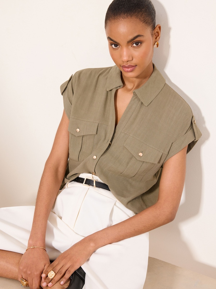 Khakigrün - Lipsy Touch Of Leinen Kurzarmhemd - Bild 1 von 4