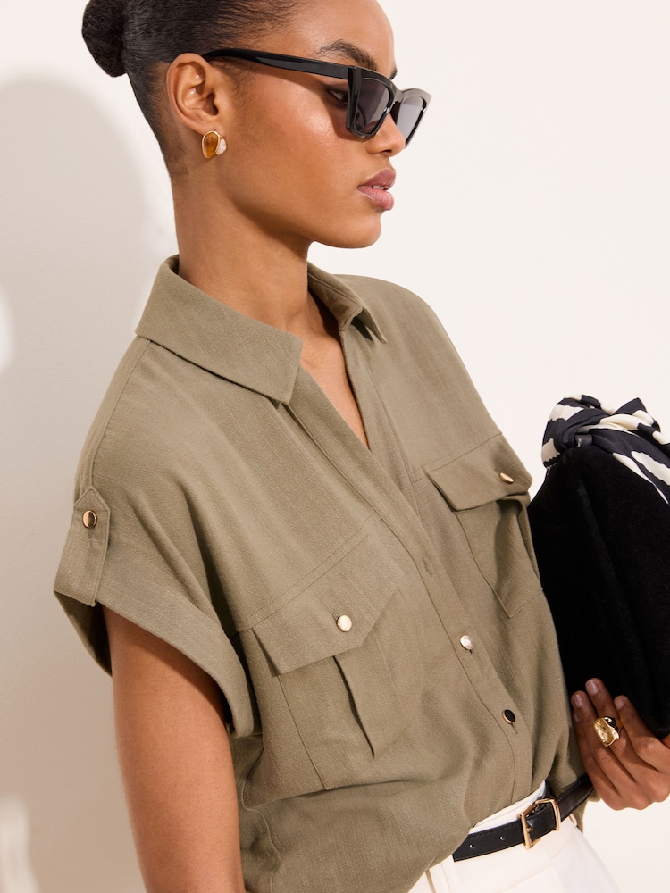 Khakigrün - Lipsy Touch Of Leinen Kurzarmhemd - Bild 2 von 4