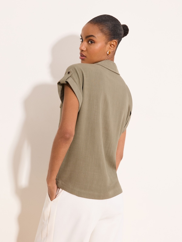 Khakigrün - Lipsy Touch Of Leinen Kurzarmhemd - Bild 4 von 4