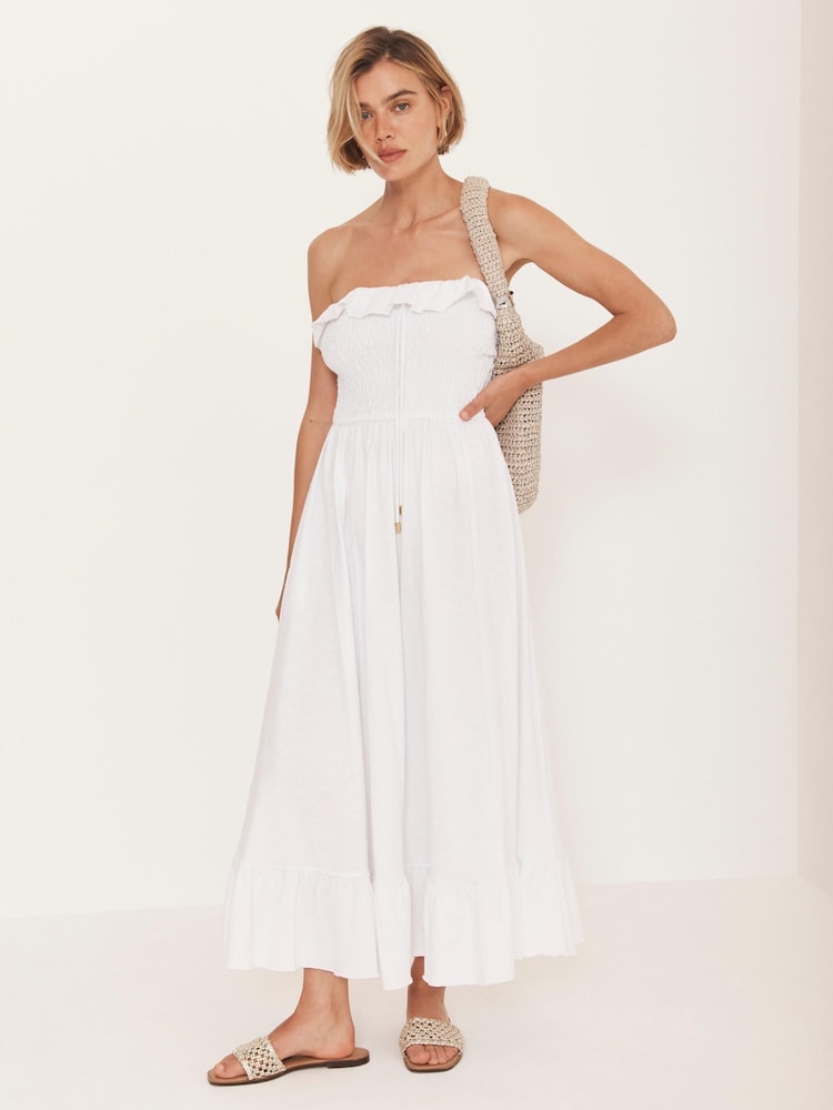 knee length dresses for ladies MONTANA 3D Flower Bandeau Midi Dress in White Jacquard