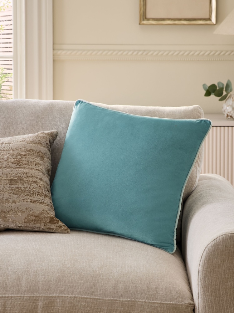 Light Teal Matte Velvet Contrast Pipe 50 x 50cm Cushion - Image 1 of 4