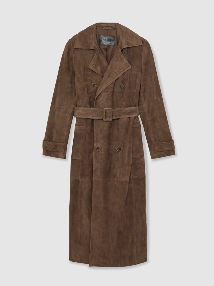 Reiss Taupe Neutral Hattie Suede Suede Belted Trench Coat - Image 2 of 7 Reiss Taupe Neutral Hattie Suede Suede Belted Trench Coat - Image 2 of 7