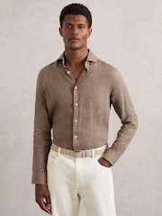 Reiss Light Taupe Brown Ruban Linen Cutaway-Collar Shirt - Image 1 of 6