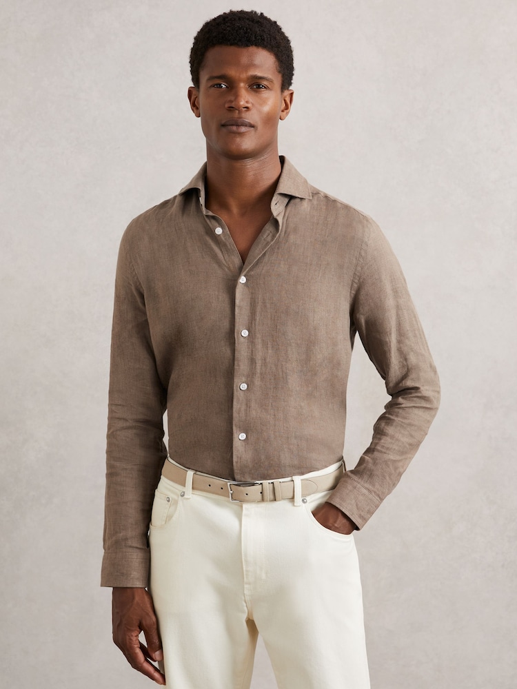 Reiss Light Taupe Brown Ruban Linen Cutaway-Collar Shirt - Image 1 of 6 Reiss Light Taupe Brown Ruban Linen Cutaway-Collar Shirt - Image 1 of 6